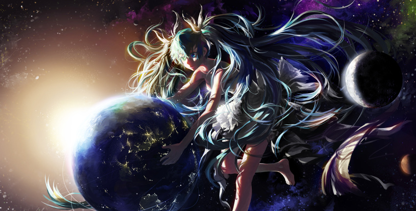 1girl dress earth giantess green_hair hatsune_miku highres lens_flare long_hair mossi planet solo space vocaloid