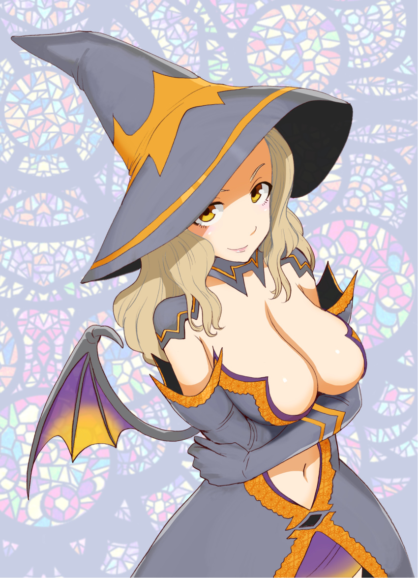 1girl blonde_hair breasts brown_eyes cleavage crossed_arms demon_wings female halloween hat highres kamitsuki_manmaru large_breasts looking_at_viewer navel smile solo stained_glass wings witch_hat