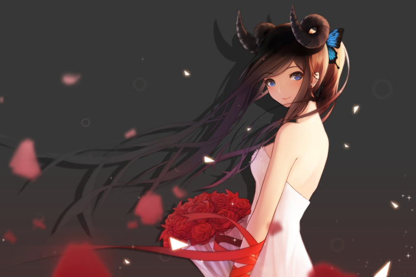 1girl ariinine arm_ribbon backless_outfit blush bouquet butterfly_hair_ornament carnation dress flower hair_ornament highres horns original petals red_ribbon ribbon smile solo strapless_dress white_dress
