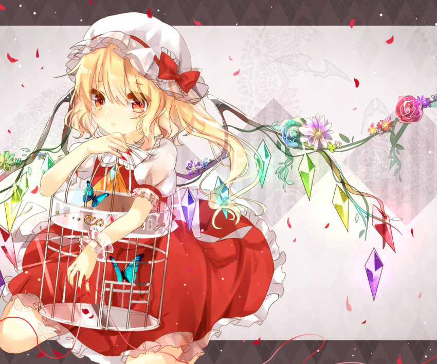 1girl asymmetrical_hair asymmetrical_wings birdcage blonde_hair butterfly cage dress flandre_scarlet flower looking_at_viewer mob_cap mokyuko puffy_short_sleeves puffy_sleeves red_dress shirt short_sleeves side_ponytail sitting sleeveless sleeveless_dress tears touhou white_shirt wings
