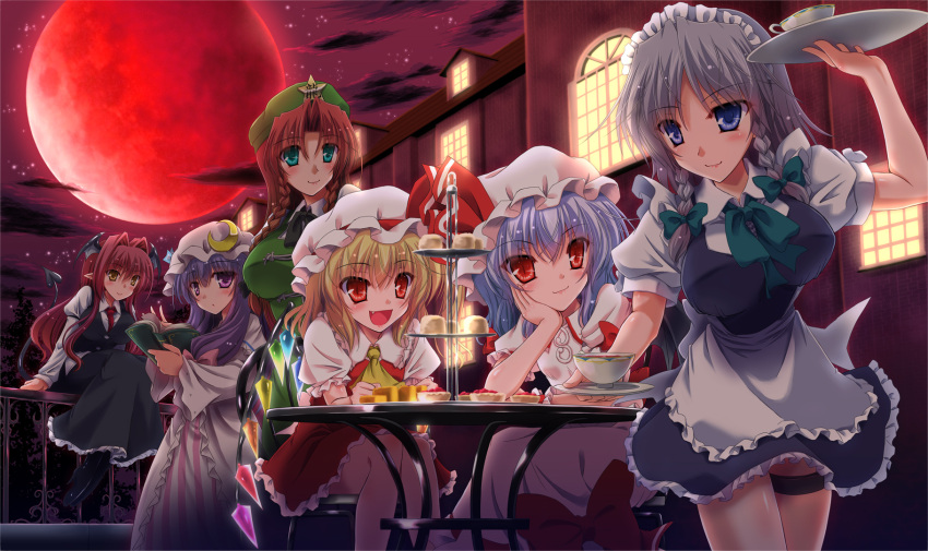 6+girls apron aqua_eyes ascot blue_dress blue_eyes blue_hair book braid breasts chair coat crescent_hair_ornament cup demon_girl demon_tail demon_wings dress fang flandre_scarlet full_moon hair_ornament head_wings highres hong_meiling izayoi_sakuya juliet_sleeves koakuma large_breasts long_hair long_sleeves maid maid_headdress mob_cap moon multiple_girls open_clothes open_coat open_mouth patchouli_knowledge pink_dress puffy_short_sleeves puffy_sleeves purple_hair railing reading red_dress red_eyes red_moon redhead remilia_scarlet scarlet_devil_mansion short_sleeves silver_hair smile star striped striped_dress table tail teacup touhou tray twin_braids very_long_hair violet_eyes waist_apron wide_sleeves wings yamu_(reverse_noise) yellow_eyes