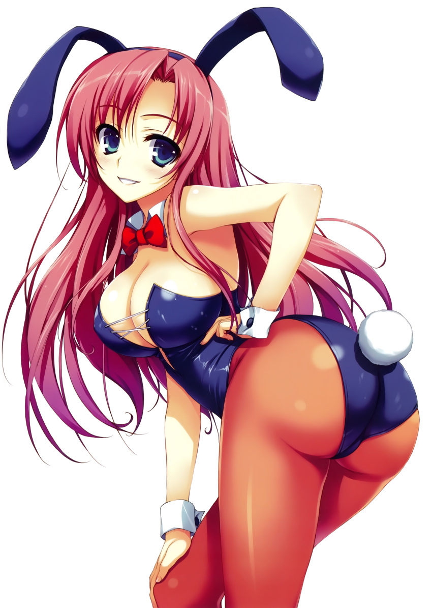 1girl absurdres animal_ears ass bent_over bowtie breasts bunny_tail bunnysuit detached_collar detexted green_eyes grin highres large_breasts long_hair looking_at_viewer looking_back pantyhose pink_hair rabbit_ears simple_background smile solo tail tomose_shunsaku white_background