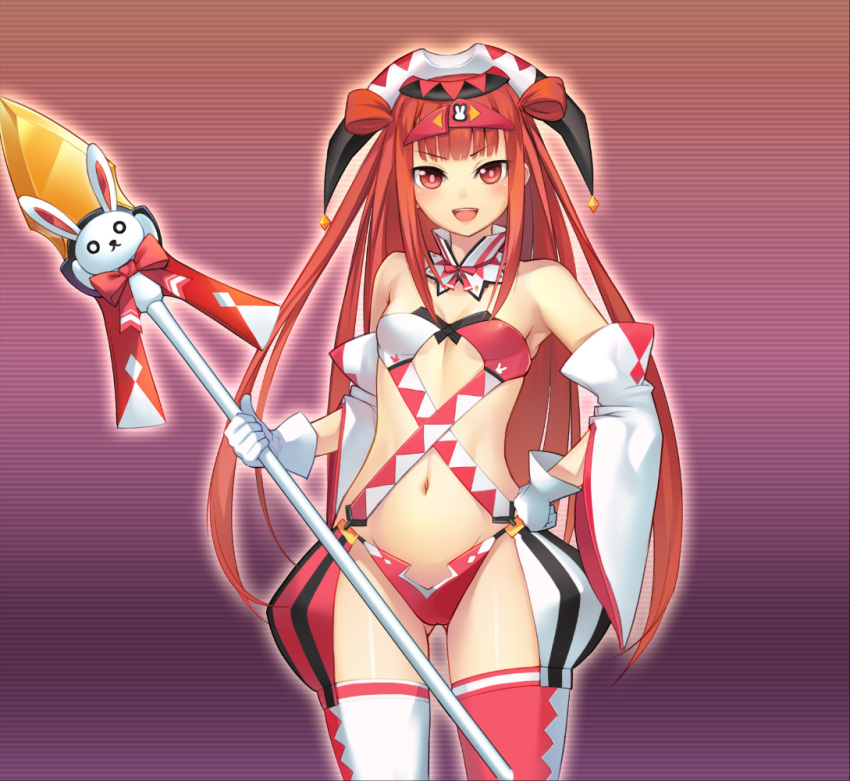 &gt;:d 1girl :d beatmania beatmania_iidx blush character_request cowboy_shot detached_sleeves gloves gradient gradient_background hand_on_hip holding holding_weapon km_(km517) long_hair looking_at_viewer navel open_mouth outline polearm red_eyes redhead small_breasts smile solo spear very_long_hair weapon white_gloves