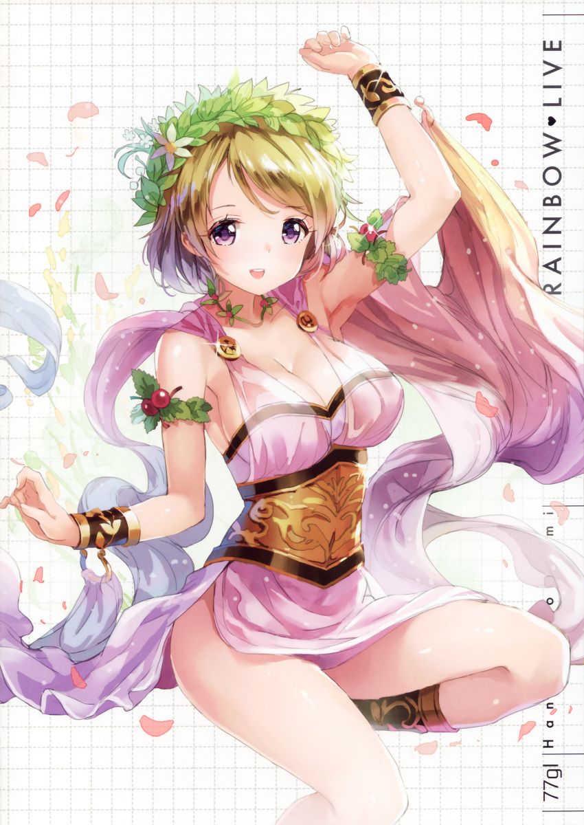 1girl 77gl :d absurdres blonde_hair breasts cleavage dancer highres koizumi_hanayo love_live!_school_idol_project open_mouth short_hair smile tagme violet_eyes wreath