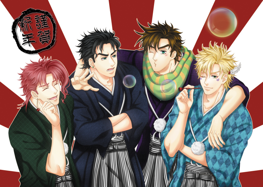 4boys black_hair blonde_hair brown_hair bubble bubble_pipe caesar_anthonio_zeppeli facial_mark green_eyes highres ichan japanese_clothes jojo_no_kimyou_na_bouken joseph_joestar_(young) kimono multiple_boys o3o one_eye_closed redhead