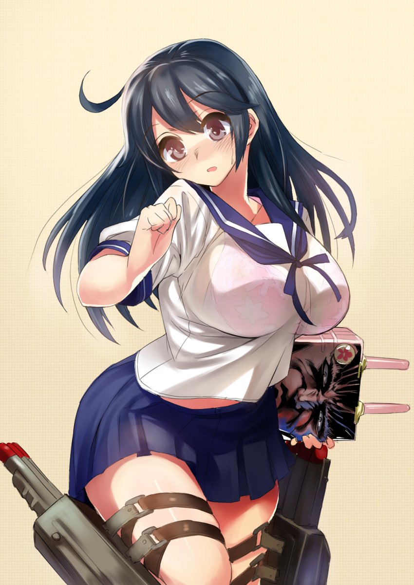 1girl black_hair blush bra breasts brown_eyes floral_print gen_(black_factory) highres holding kantai_collection large_breasts long_hair midriff open_mouth pleated_skirt school_uniform see-through serafuku skirt solo thigh_strap thighs underwear ushio_(kantai_collection)