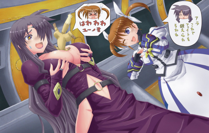1boy 2girls between_breasts blush breast_hold breasts bridal_gauntlets brown_hair circlet dress female ferret fingerless_gloves gloves hand_on_own_cheek large_breasts lipstick long_hair lyrical_nanoha mahou_shoujo_lyrical_nanoha makeup male multiple_girls navel_cutout open_mouth personality_switch precia_testarossa purple_hair purple_lipstick short_hair short_twintails side_slit speech_bubble star star-shaped_pupils sunago sweatdrop symbol-shaped_pupils takamachi_nanoha translation_request twintails very_long_hair violet_eyes winking yuuno_scrya
