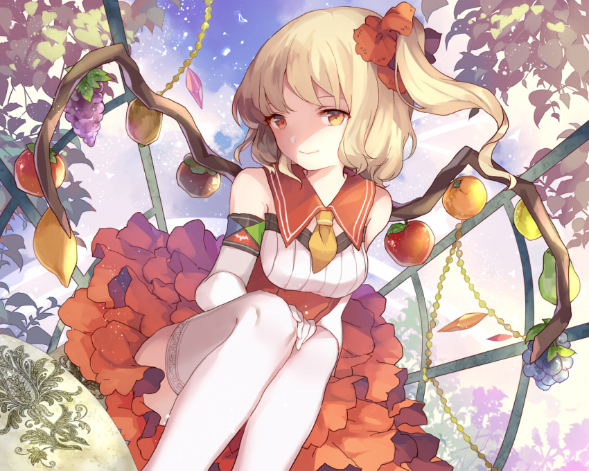 1girl alternate_costume alternate_wings amber_eyes apple ascot bare_shoulders blonde_hair detached_sleeves dress flandre_scarlet food fruit grapes hair_ornament hillly_(maiwetea) long_sleeves mango orange papaya red_dress side_ponytail sitting smile solo thigh-highs touhou white_legwear wings zettai_ryouiki