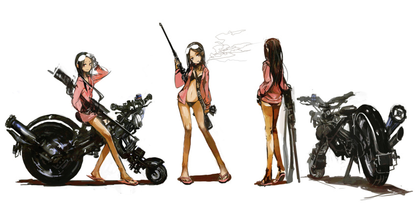 1girl bikini black_hair breasts cigarette cleavage gun long_hair looking_at_viewer motor_vehicle motorcycle navel original red_eyes rifle sandals simple_background smile smoking sniper_rifle solo sunglasses sunglasses_on_head swimsuit tan toi_(number8) vehicle weapon white_background