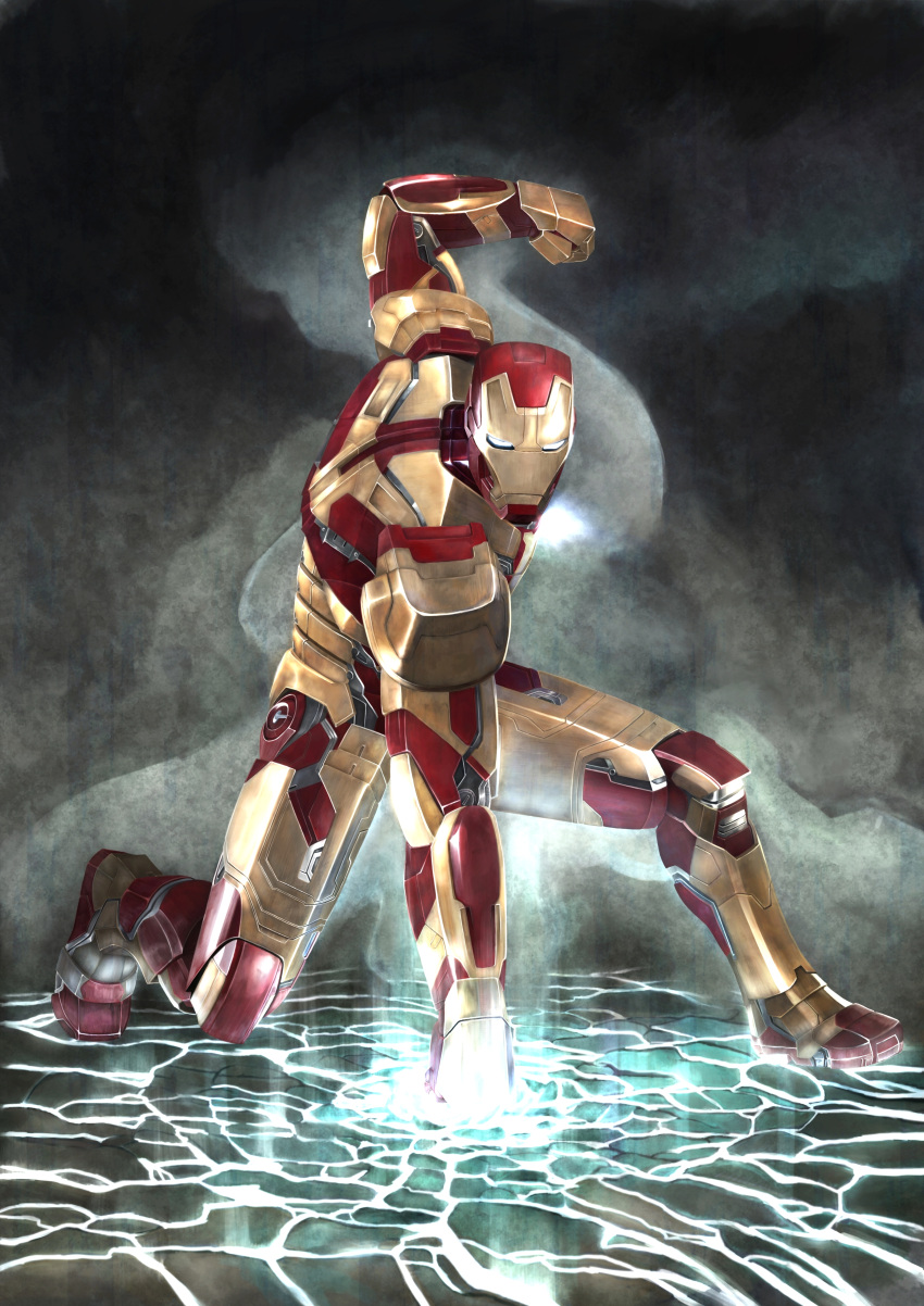 absurdres clenched_hand glowing highres iron_man kneeling looking_at_viewer marvel power_armor realistic tetsuo_(huvac-akiro)
