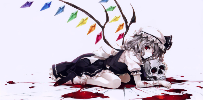 1girl album_cover bandages blood bobby_socks bow cover cradle_(artist) crystal fixed flandre_scarlet hat hat_bow hat_ribbon looking_at_viewer mary_janes misaki_kurehito mob_cap muted_color pale_skin puffy_sleeves red_eyes ribbon scan shirt shoes short_hair short_sleeves silver_hair simple_background skirt skirt_set skull socks solo touhou vest white_legwear wings
