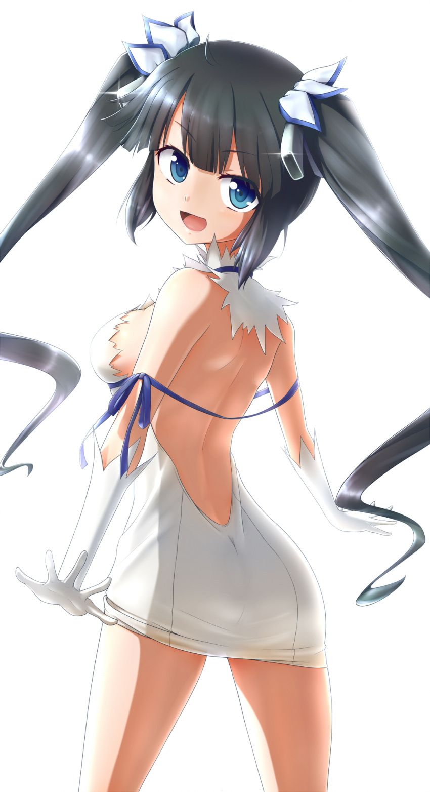 1girl :d bare_back black_hair blue_eyes breasts dungeon_ni_deai_wo_motomeru_no_wa_machigatteiru_darou_ka from_behind gloves hair_ribbon hestia_(danmachi) highres long_hair looking_at_viewer looking_back open_mouth rei_no_himo ribbon sideboob simple_background smile solo twintails white_background white_gloves