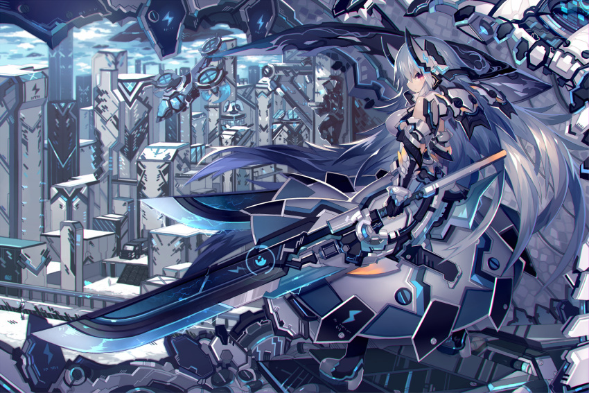 1girl aircraft bodysuit breasts building city gloves headgear holding long_hair looking_at_viewer mamuru mecha_musume original pink_eyes purple_hair science_fiction side_glance solo sword vehicle weapon