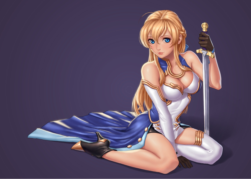 1girl blonde_hair blue_background blue_eyes breasts cleavage_cutout hair_between_eyes high_heels highres jeanne_kaguya_d'arc kneeling lips long_hair looking_at_viewer nobunaga_the_fool seeker_(shzyu) simple_background single_thighhigh solo sword thigh-highs weapon white_legwear