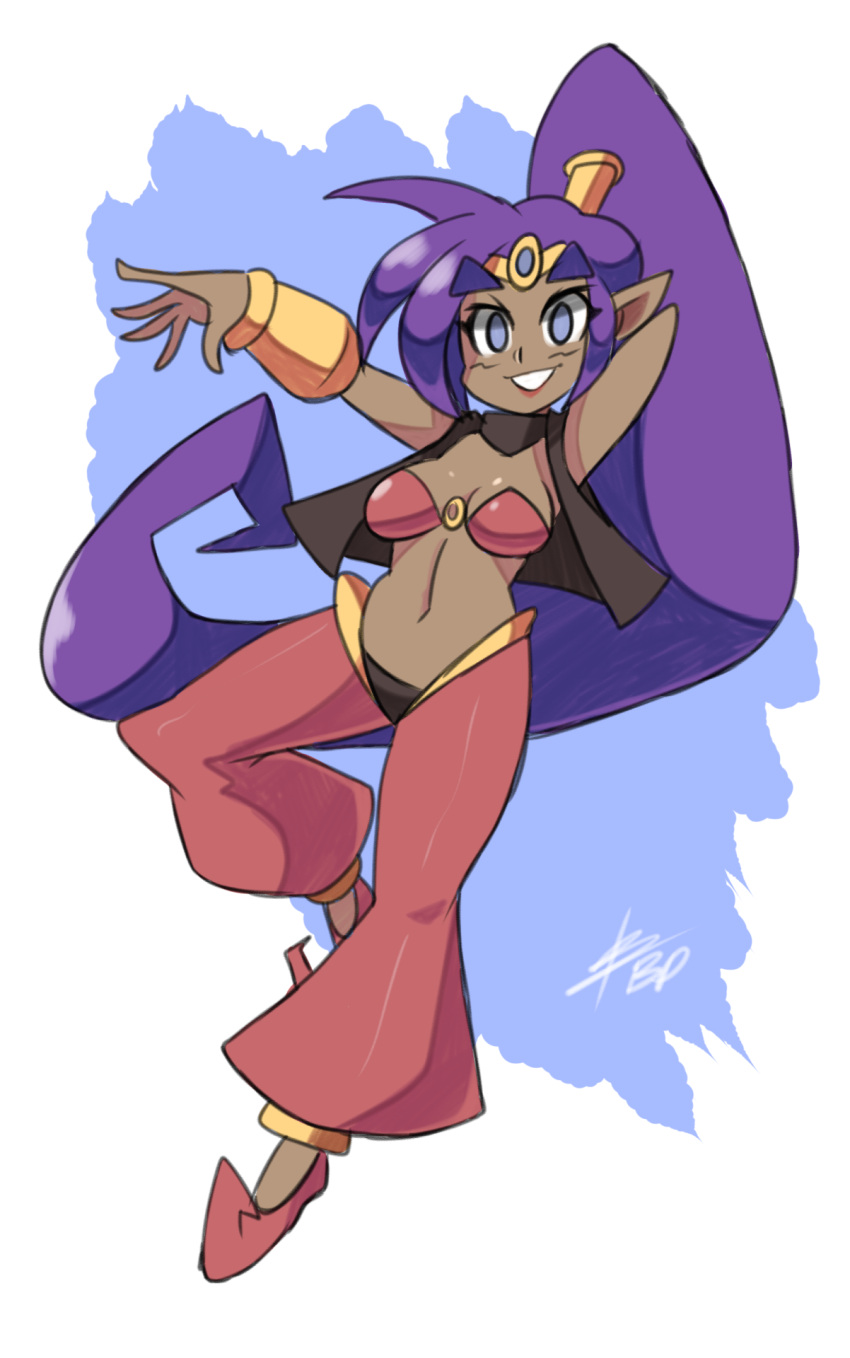 1girl bandeau bigdead93 blue_eyes breasts choker dark_skin earrings eyebrows forehead_jewel full_body harem_pants highres hoop_earrings jewelry long_hair pants pointy_ears pointy_shoes ponytail purple_hair shantae shantae_(character) shantae_and_the_pirate's_curse shoes smile solo thick_eyebrows tiara very_long_hair vest