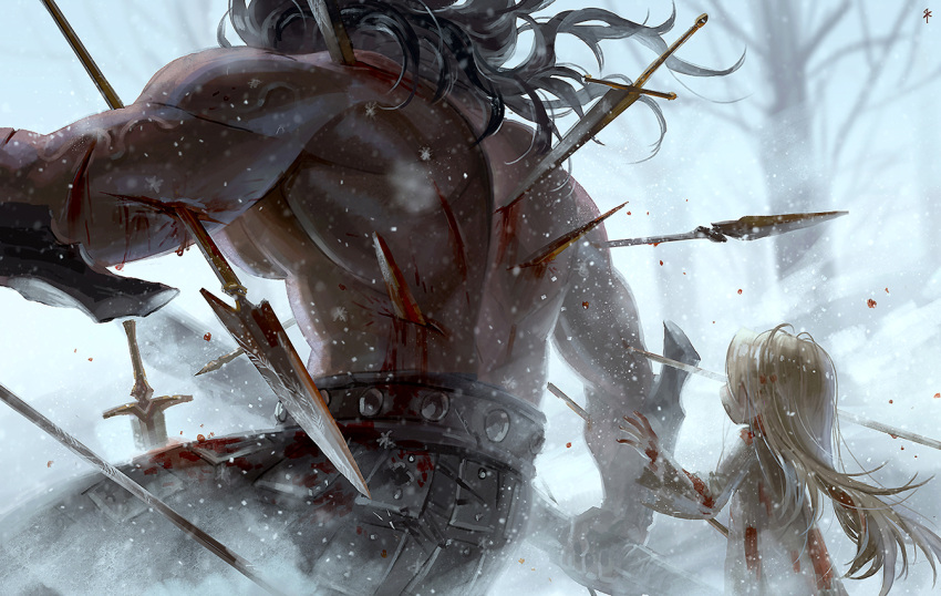 1boy 1girl berserker black_hair blonde_hair blood bloody_dress child dress fate/stay_night fate_(series) illyasviel_von_einzbern impaled long_hair long_sleeves muscle polearm protecting seeker size_difference snow snowing spear sword topless tree weapon white_dress wide_sleeves younger