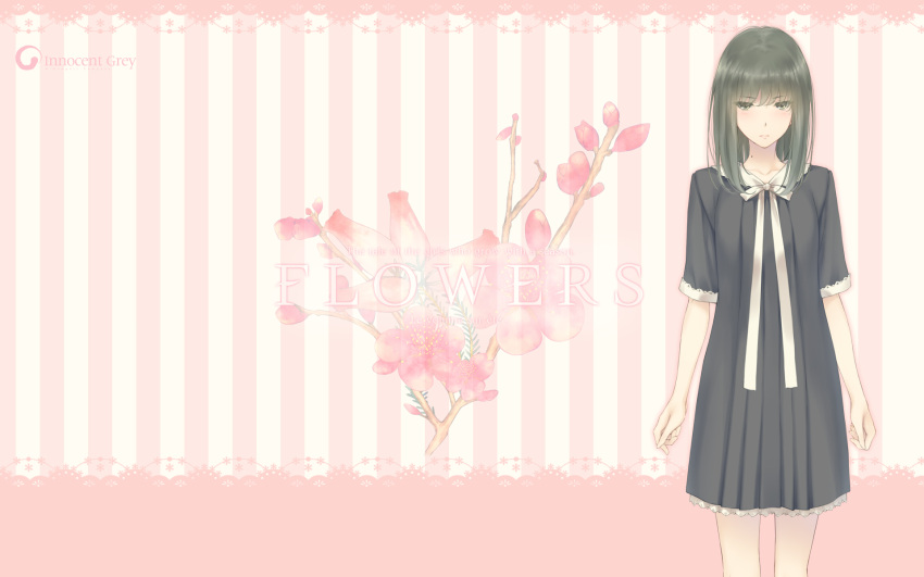 1girl black_hair flower highres innocent_grey long_hair looking_at_viewer school_uniform solo sugina_miki