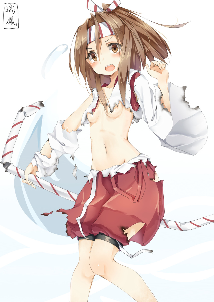 1girl absurdres blush bow_(weapon) broken broken_weapon brown_eyes brown_hair hachimaki hakama_pants headband high_ponytail highres japanese_clothes kantai_collection kentia looking_at_viewer navel open_mouth ponytail small_breasts solo torn_clothes wavy_mouth weapon zuihou_(kantai_collection)