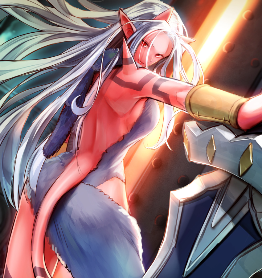 1girl arm_at_side backless_outfit bangs chirigami-san demon_girl demon_tail gate highres horns huge_weapon lips long_hair looking_at_viewer original parted_bangs pointy_ears red_eyes red_skin serious sword tail very_long_hair weapon white_hair wrist_cuffs