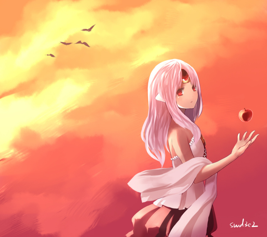 1girl apple apple_(elsword) artist_name bird elsword food forehead_jewel fruit long_hair no_nose object_namesake pink_hair red_eyes red_skirt shawl signature skirt sky solo sunset swd3e2