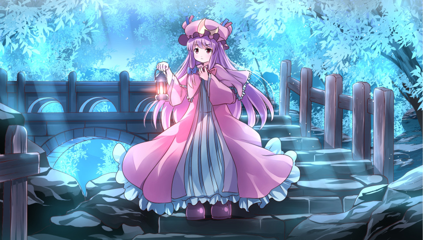 1girl bridge capelet coat crescent highres lantern long_hair long_sleeves mob_cap moonlight open_clothes open_coat patchouli_knowledge purple_hair risutaru solo stairs striped striped_legwear touhou tree very_long_hair violet_eyes wide_sleeves
