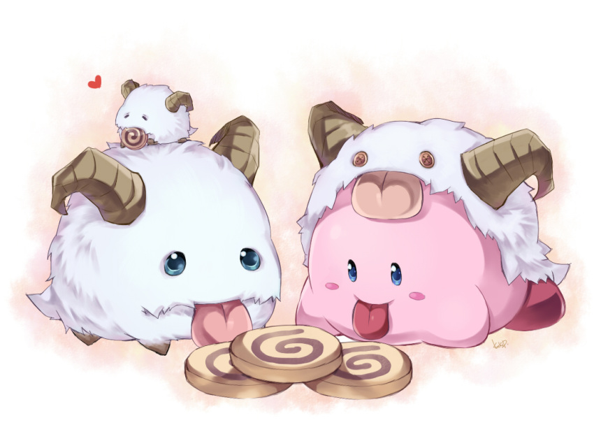 :p blue_eyes blush_stickers chibi_on_head cookie food hat heart horns kakip kirby kirby_(series) league_of_legends no_humans poro_(league_of_legends) tongue tongue_out