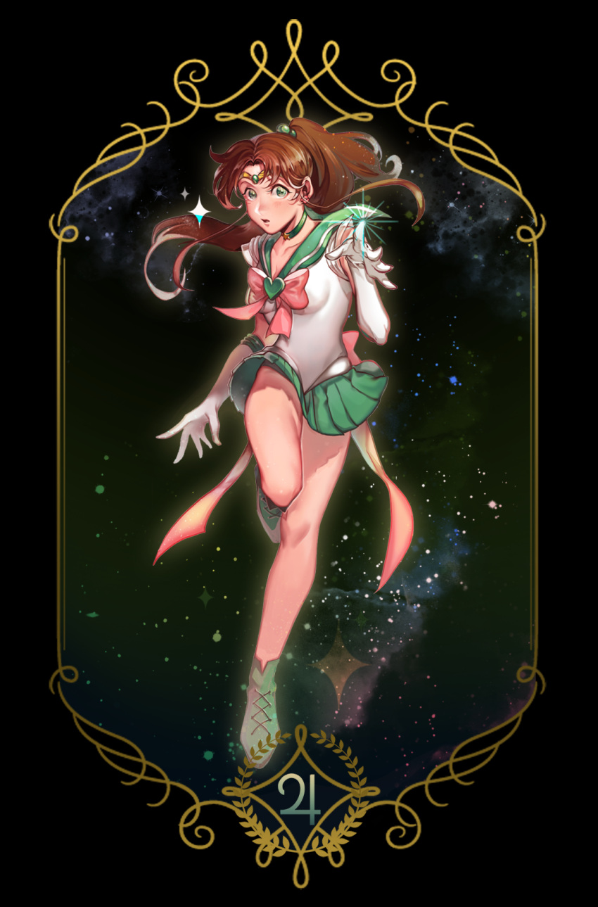 1girl ankle_boots bishoujo_senshi_sailor_moon boots bow brown_hair circlet cross-laced_footwear ear_studs earrings elbow_gloves frame full_body gloves green_boots green_eyes green_skirt hair_bobbles hair_ornament heart high_ponytail highres jewelry jupiter_symbol kino_makoto long_hair looking_at_viewer open_mouth pam_xo01 pink_bow pleated_skirt ponytail sailor_collar sailor_jupiter skirt solo standing_on_one_leg super_sailor_jupiter white_gloves
