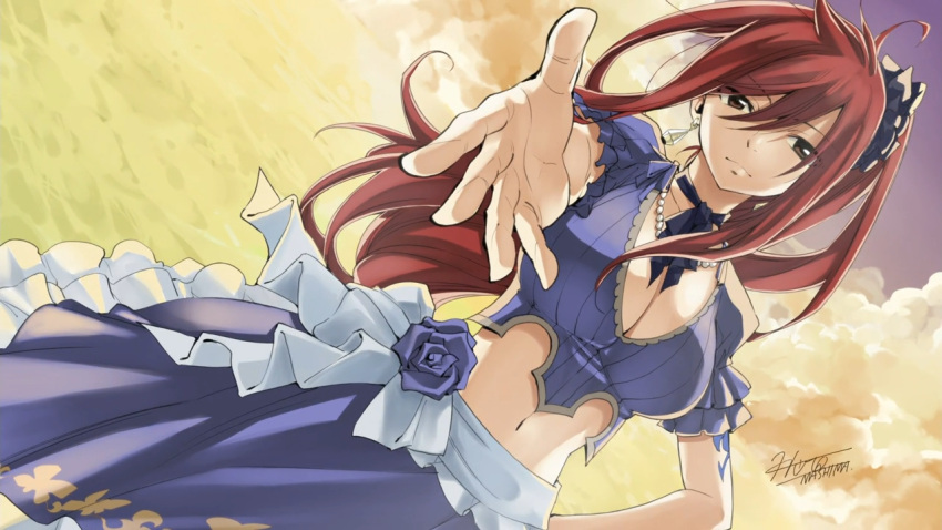 1girl blue_dress blue_rose breasts cleavage dress end_card erza_scarlet fairy_tail flower frilled_skirt frills hair_ornament mashima_hiro midriff official_art ponytail redhead ribbon rose screencap skirt updo