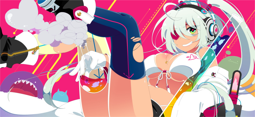 1girl ahoge album_cover boots breasts commentary_request cover detached_sleeves directional_arrow eyepatch fangs front-tie_top gloves green_eyes grey_hair grin hair_tie headphones heart heart-shaped_pupils jewelry long_hair mismatched_legwear mzh necklace original smile smoke solo symbol-shaped_pupils test_tube thigh-highs torn_clothes torn_thighhighs twintails vial white_gloves