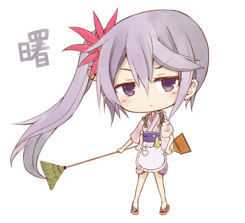 1girl akebono_(kantai_collection) bell broom commentary_request flower hair_bell hair_flower hair_ornament kantai_collection long_hair ponytail side_ponytail simple_background solo violet_eyes white_background