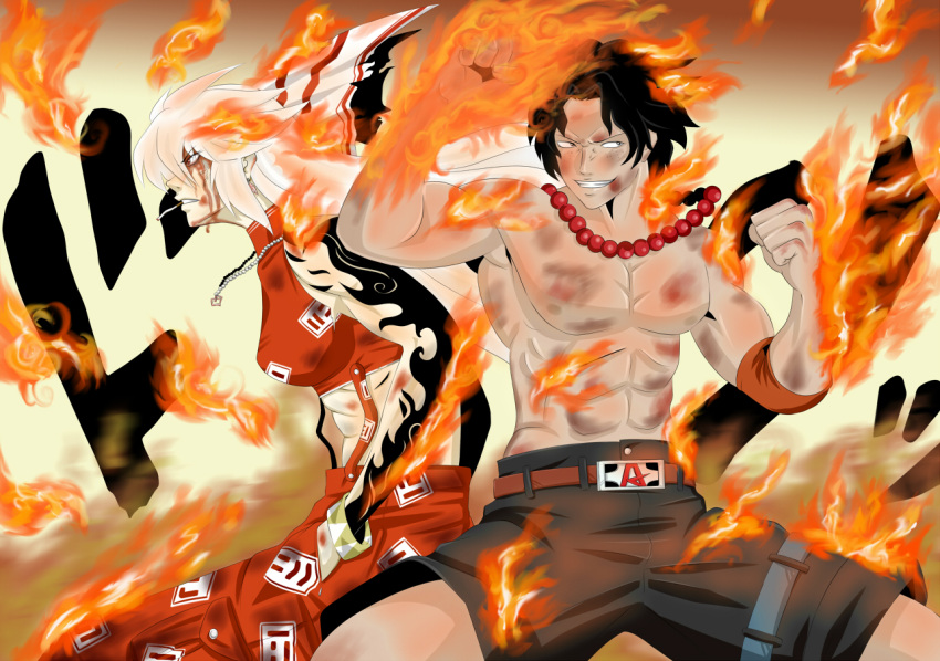1boy 1girl artist_request black_hair crossover fire freckles fujiwara_no_mokou one_piece portgas_d_ace power_connection touhou white_hair