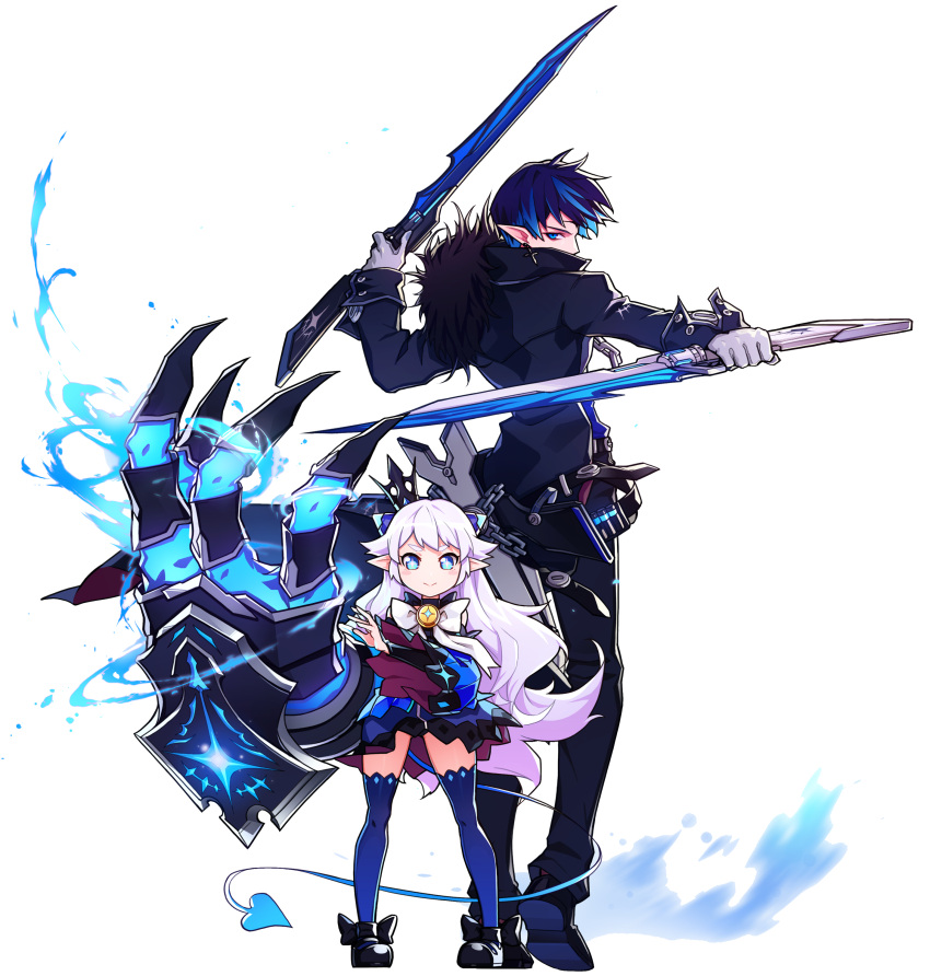 1boy 1girl absurdres black_shoes blue_eyes blue_hair blue_legwear blue_skirt bow brooch ciel_(elsword) claws coat crown dual_wielding elsword energy gloves gun height_difference highres huge_weapon hwansang jewelry long_hair luciela_r._sourcream mini_crown pants pointy_ears reverse_grip shoes skirt standing sword symbol-shaped_pupils tail thigh-highs weapon white_background white_bow white_hair