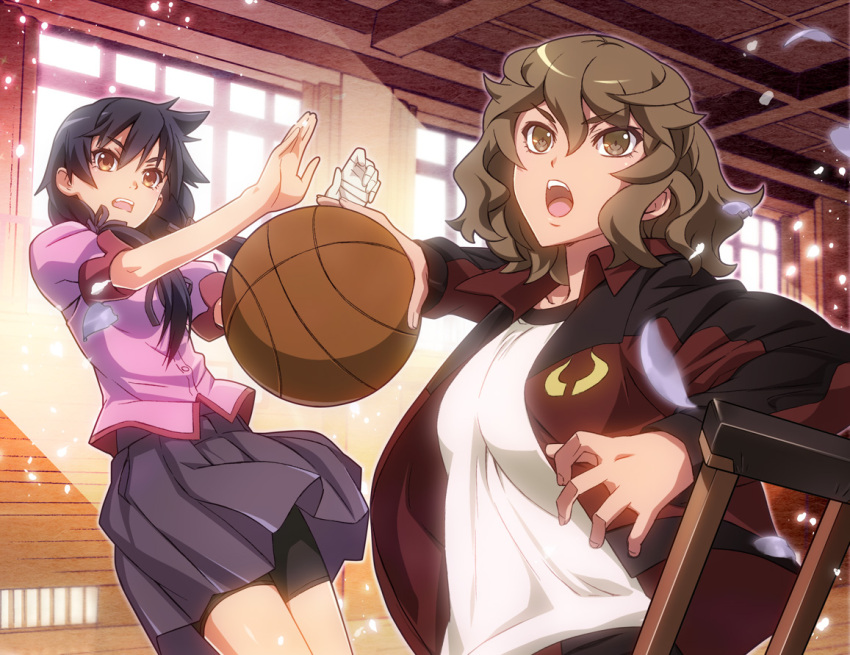 2girls bandages basketball bike_shorts black_hair brown_eyes brown_hair hanamonogatari indoors kanbaru_suruga long_hair low_twintails monogatari_(series) multiple_girls numachi_rouka nyoronyoro school_uniform skirt track_jacket twintails