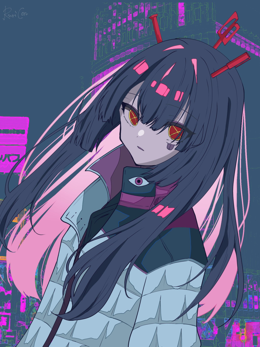 1girl bangs black_hair blunt_ends floating_hair hair_between_eyes hair_over_shoulder highres jacket leaning_back ligne_claire long_hair long_sleeves looking_at_viewer mochizuki_kei_(style) parted_lips red_eyes ruricon solo symbol-shaped_pupils upper_body white_jacket x-shaped_pupils yuurei_tokyo_(vocaloid)