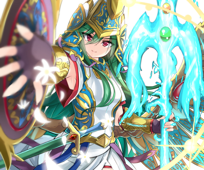 1girl armor armpits athena_(p&amp;d) fingerless_gloves foreshortening gloves green_hair helmet highres kazami_chiu long_hair mechanical_wings polearm puzzle_&amp;_dragons red_eyes sheath sheathed shield smile solo spear sword weapon wings
