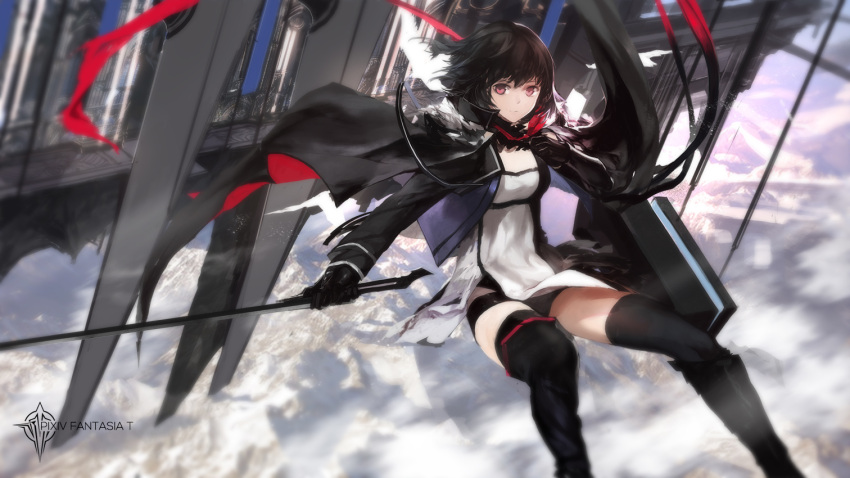 1girl black_hair cape gloves long_hair long_sleeves looking_at_viewer original pixiv_fantasia pixiv_fantasia_t red_eyes solo swd3e2 sword thigh-highs weapon