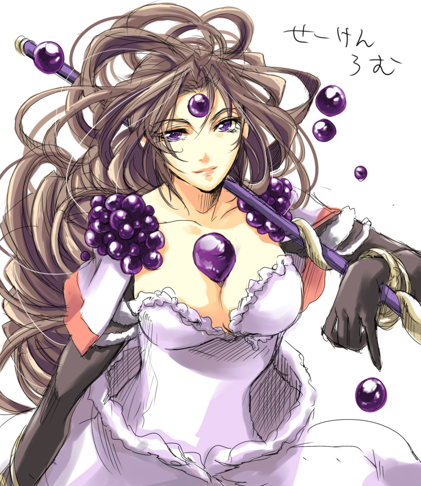 blackpearl breasts brown_hair cleavage dress elbow_gloves flieger gloves highres large_breasts legend_of_mana long_hair purple_eyes seiken_densetsu weapon