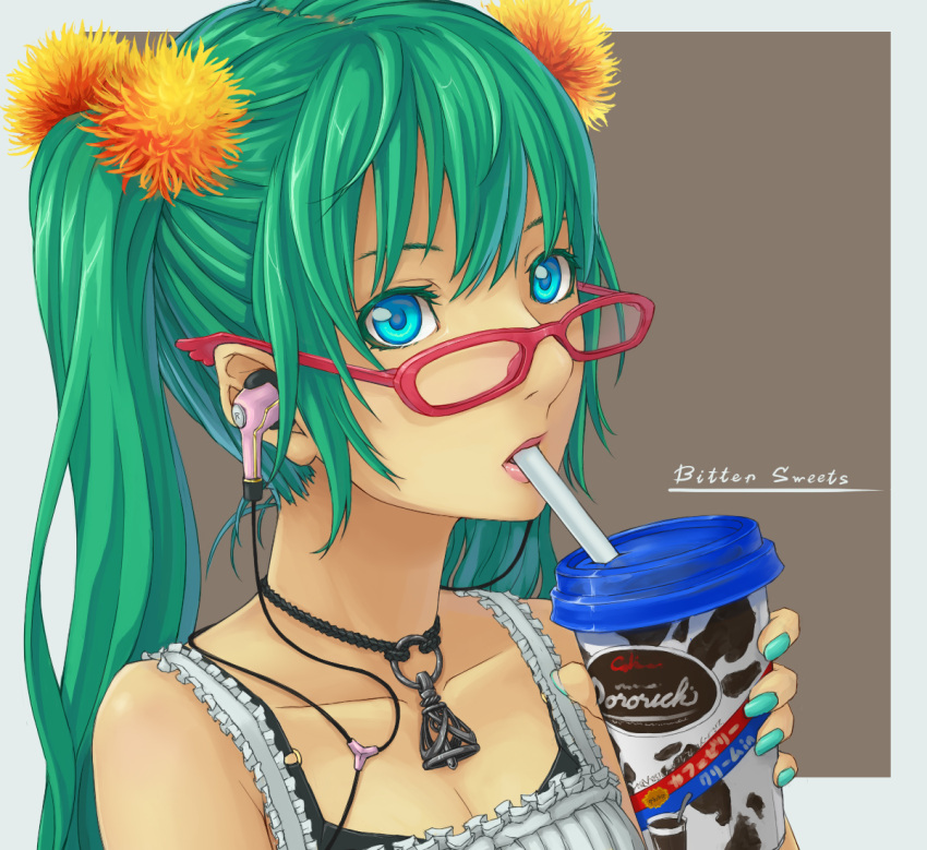 alternate_costume aqua_hair bespectacled blue_eyes blue_hair bra cable_divider camisole casual drink earbuds earphones glasses green_hair hair_ornament hatsune_miku headphones jewelry lingerie long_hair nail_polish necklace solo twintails underwear vocaloid yuru