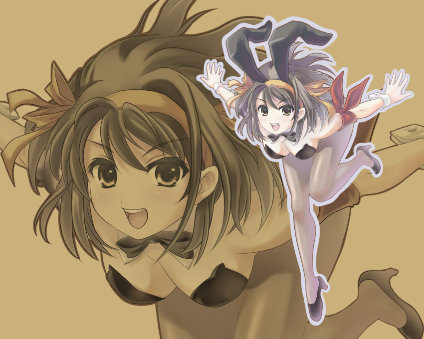 502tane armband bent_over breasts brown_eyes brown_hair bunny_ears bunnysuit cleavage hairband high_heels komatsu_tane pantyhose rabbit_ears shoes short_hair solo suzumiya_haruhi suzumiya_haruhi_no_yuuutsu zoom_layer