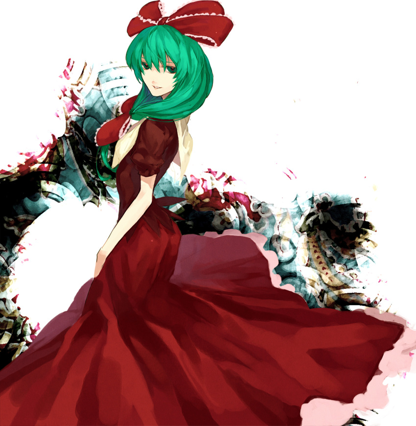 bow commentary commentary_request dress green_eyes green_hair hair_ribbon highres kagiyama_hina long_hair red_dress ribbon solo touhou translation_request