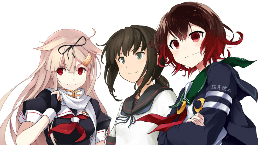 black_hair blonde_hair brown_eyes crossed_arms ebizome fubuki_(kantai_collection) gloves green_eyes jacket kantai_collection long_hair mutsuki_(kantai_collection) ponytail red_eyes remodel_(kantai_collection) school_uniform serafuku short_hair smile uniform yuudachi_(kantai_collection)