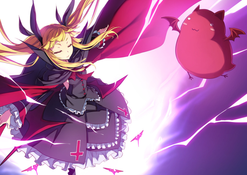 1girl blazblue blonde_hair cape closed_eyes gii gothic_lolita hair_ribbon lolita_fashion outstretched_arms rachel_alucard ribbon shingo_(missing_link) spread_arms twintails