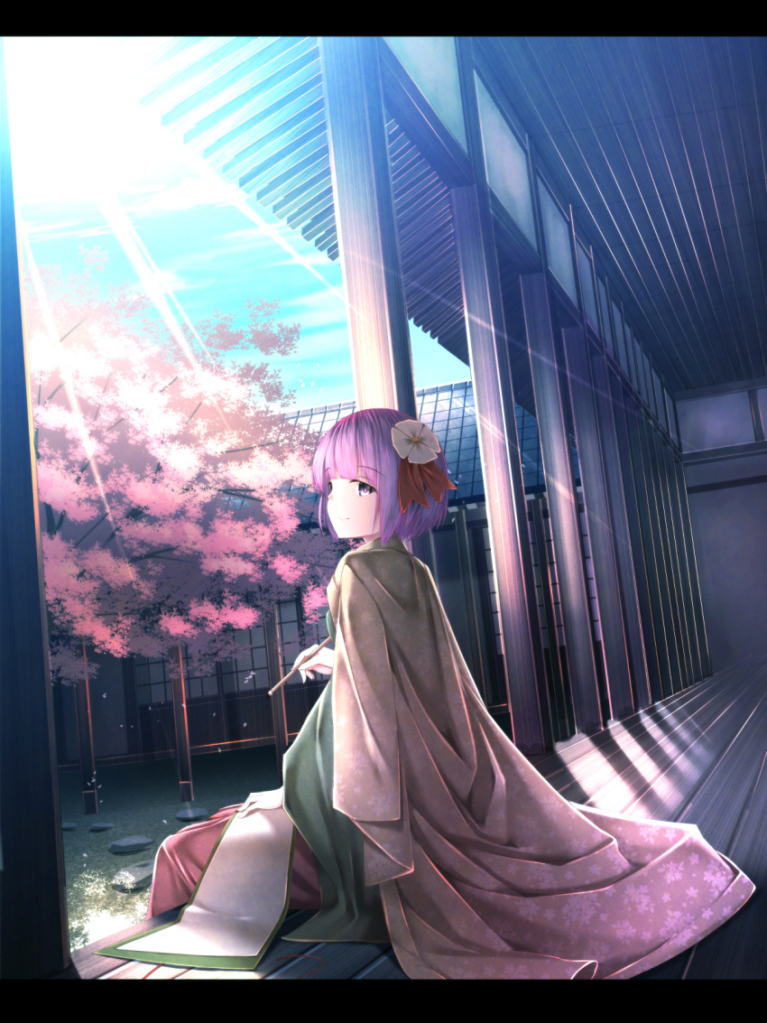 1girl blue_sky building calligraphy_brush cherry_blossoms clouds floral_print flower garden hair_flower hair_ornament hieda_no_akyuu highres japanese_clothes kimono looking_at_viewer paintbrush purple_hair scroll sitting sky smile solo sunlight touhou tree veranda waterdog