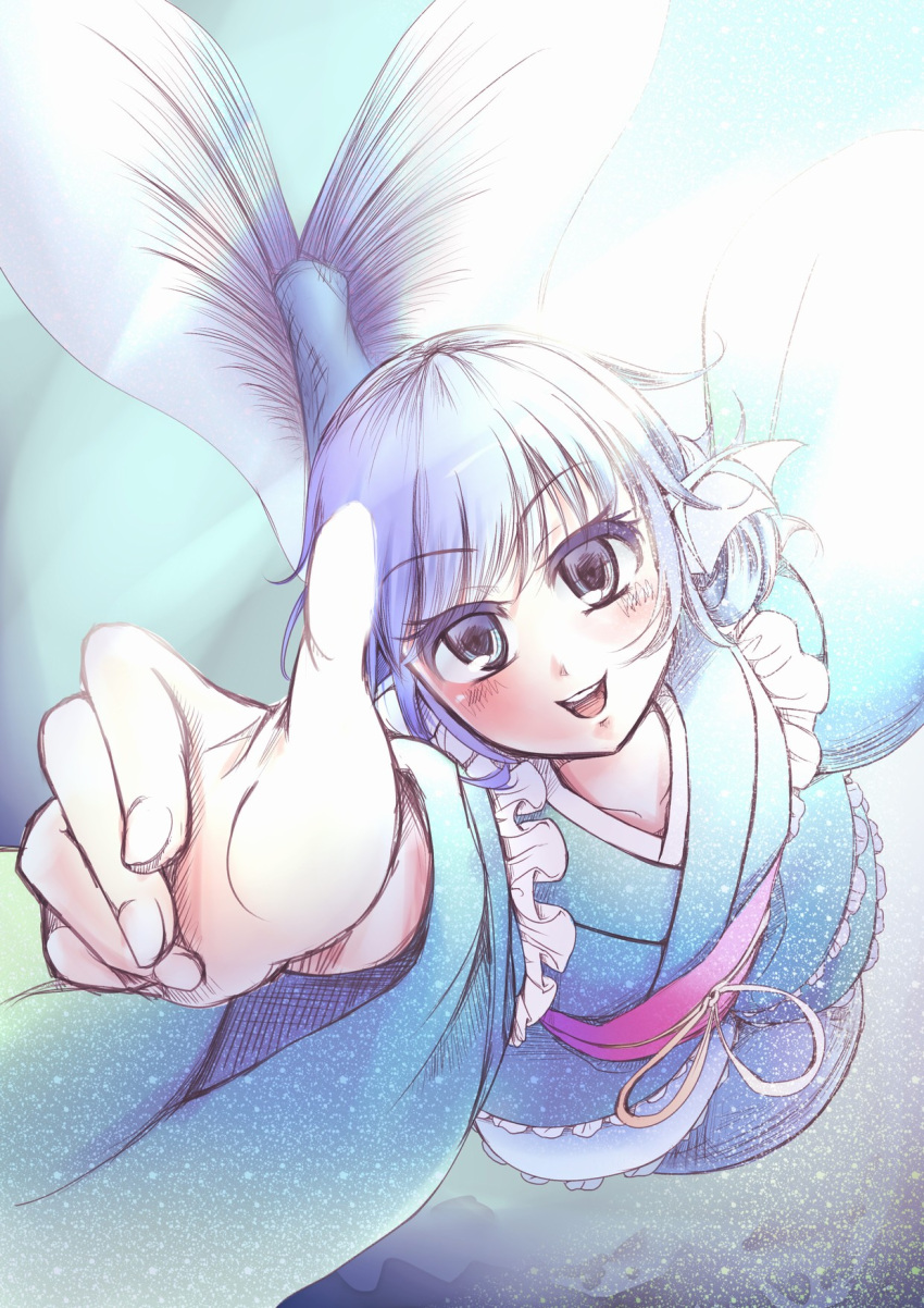 1girl blue_eyes blue_hair blush collarbone colored_eyelashes curly_hair fingernails fins foreshortening hands highres japanese_clothes kanzakietc kimono light_rays looking_at_viewer mermaid monster_girl obi ocean_bottom open_mouth pov reaching_out sash short_hair small_breasts smile solo teeth tongue touhou underwater wakasagihime