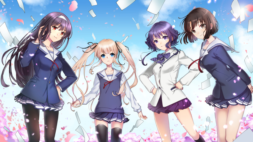 4girls blonde_hair blue_eyes brown_hair cherry_blossoms highres hyoudou_michiru kasumigaoka_utaha katou_megumi kneehighs long_hair multiple_girls pantyhose red_eyes saenai_heroine_no_sodatekata sawamura_spencer_eriri school_uniform short_hair skirt thigh-highs