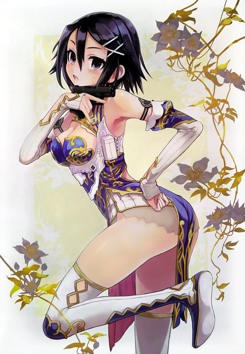 1girl absurdres artist_request asagiri_asagi ass bare_shoulders black_hair blush boots breasts china_dress chinese_clothes cleavage cleavage_cutout detached_sleeves flower from_side glock gun hair_between_eyes hair_ornament hairclip handgun highres leaning_forward leg_up nippon_ichi no_panties open_mouth phantom_kingdom pinky_out pistol scan side_slit solo sweatdrop thigh-highs thigh_boots trigger_discipline violet_eyes weapon white_legwear