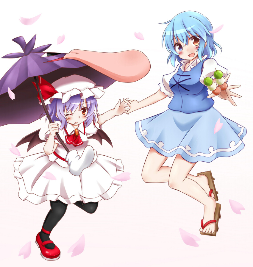 bat_wings black_legwear geta hachimi heterochromia highres karakasa_obake pantyhose remilia_scarlet short_hair skirt tatara_kogasa touhou umbrella wings