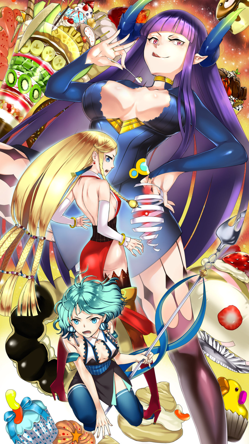 3girls ass back banana_slice black_legwear blonde_hair blue_eyes blue_hair blue_legwear bracelet braid breasts chocolate cleavage cream_puff cupcake doughnut earrings food fruit highres hime_cut horns jewelry kiwifruit kneeling licking_lips long_hair looking_at_viewer multiple_girls open_mouth original parfait pastry pointy_ears polearm pudding purple_hair red_eyes short_hair sideboob sleeveless spear spoon strawberry thigh-highs tongue tongue_out weapon yamanashi_kawanashi
