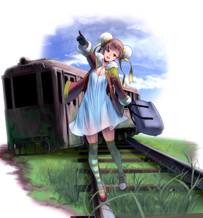 1girl asymmetrical_clothes bag black_gloves blue_sky breasts brown_hair bun_cover cleavage clouds double_bun dress gloves grass hair_bun highres jacket long_sleeves masao moss open_clothes open_jacket original over-kneehighs pointing pointing_forward railroad_tracks scenery sky smile solo striped striped_legwear thigh-highs train white_dress wreckage yellow_eyes zettai_ryouiki