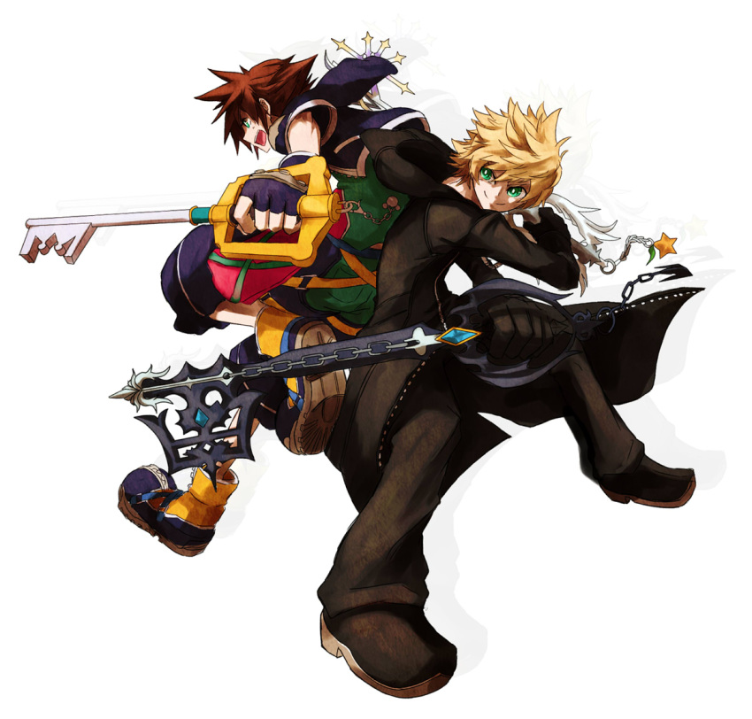 2boys black_coat blonde_hair brown_hair cloak commentary_request dual_wielding fingerless_gloves gloves green_eyes karatou keyblade keychain kingdom_hearts male_focus multiple_boys open_mouth roxas simple_background smile sora_(kingdom_hearts) white_background